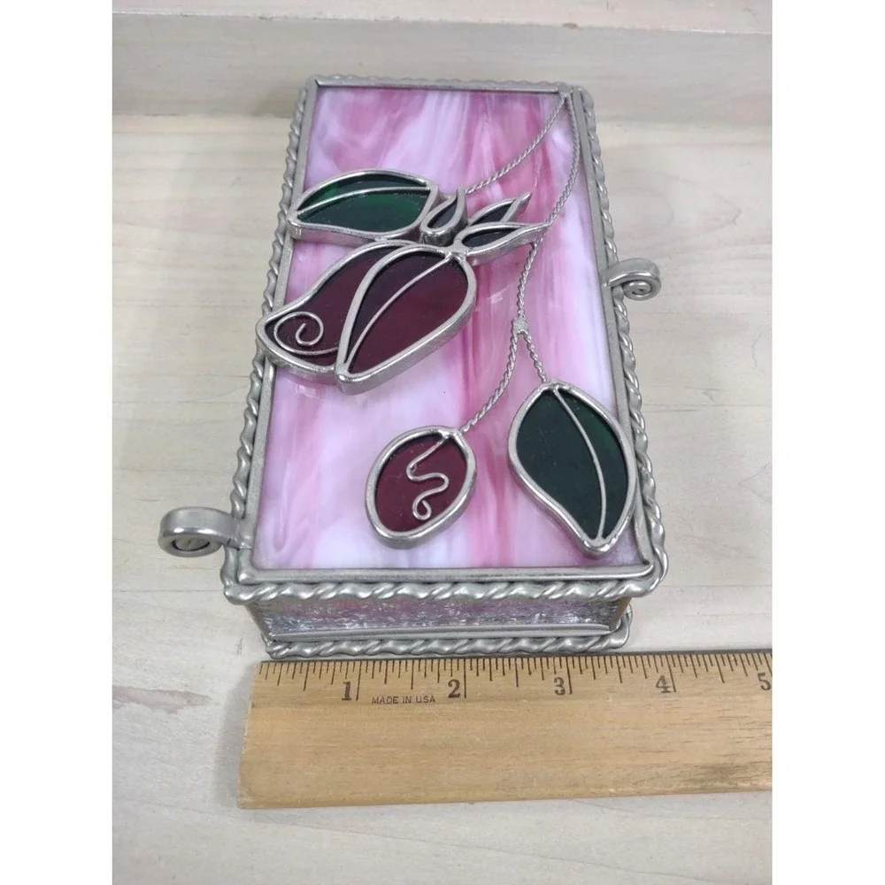Vtg Stained Pink Slag Glass Jewelry Storage Box Red Roses 3D Lid